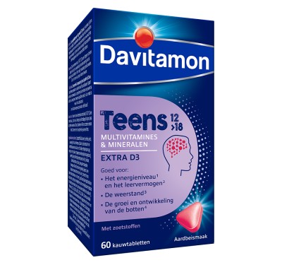 DAVITAMON TEENS (12>18) MULTIVITAMINES 60 KAUWTAB. AARDBEI – ENERGIE, WEERSTAND